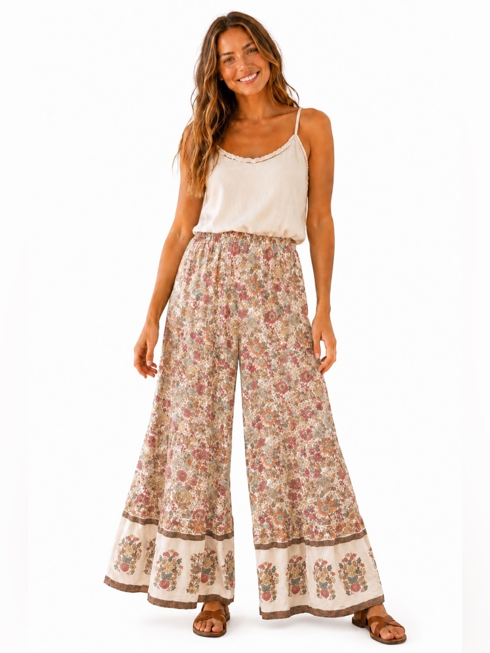🌺 Natural Life Floral Boho Ruffle Wide-Leg Pants